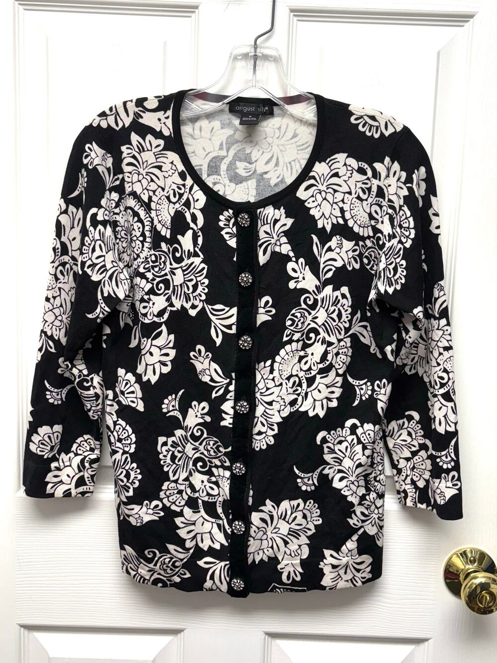 August Silk Sweater Floral Cardigan Black Rhinestone Buttons Velvet Trim Size M